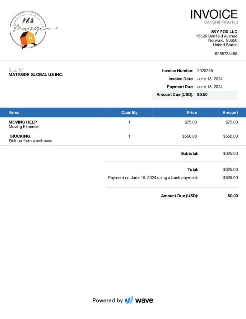 168美國跨州搬家 收據